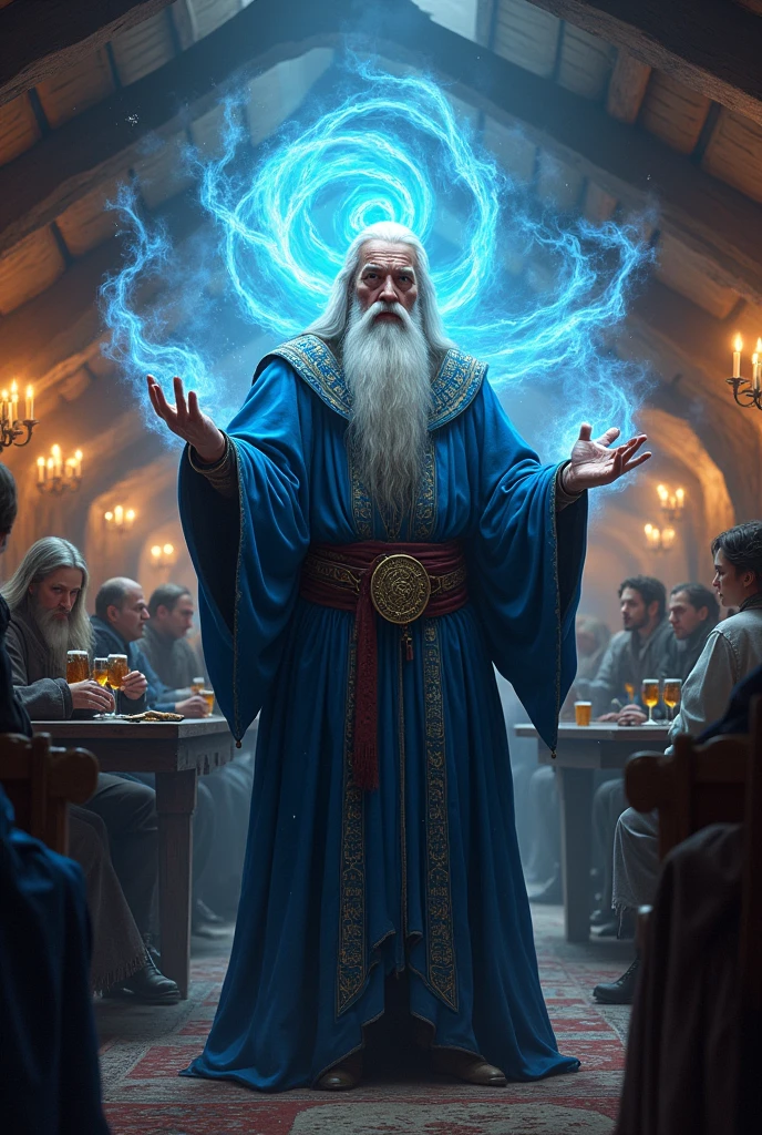Make me an image of a medieval wizard Without a head accessory Inside a tavern
