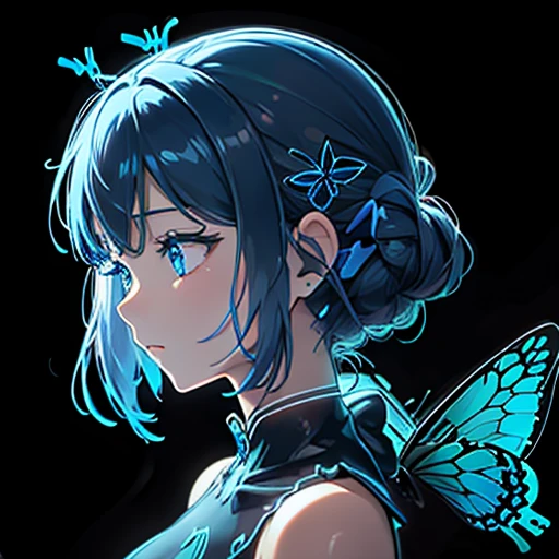 Many blue butterflies、Background black、Line Art、Neon lights