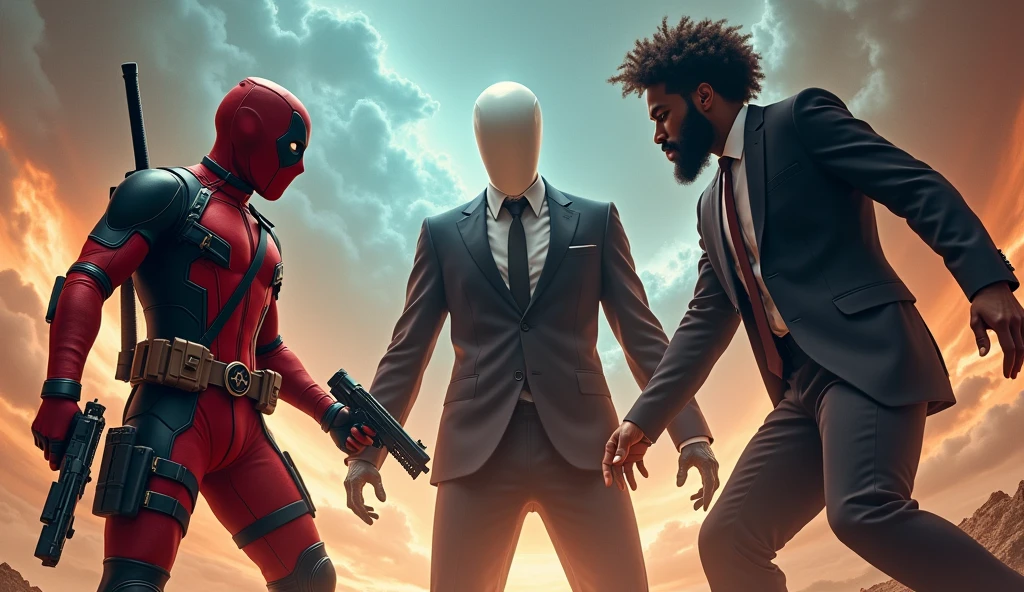 An Astronaut guy with 1 Deadpool guy and 1 Slenderman with suit together vs 1 black man with beard and curly hair