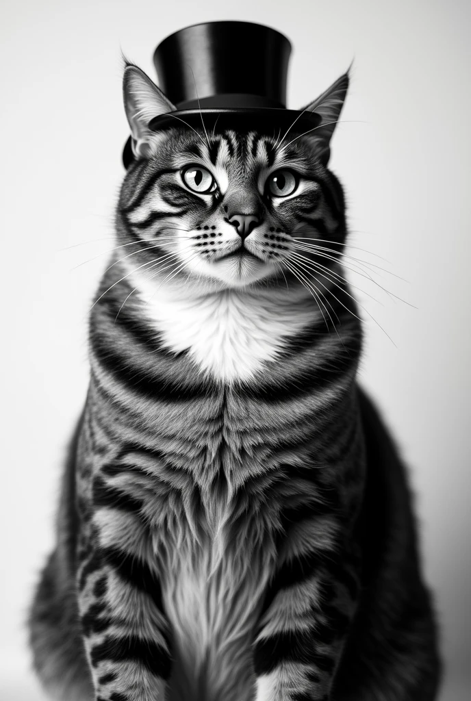 Thick-necked striped cat with top hat. in black and white