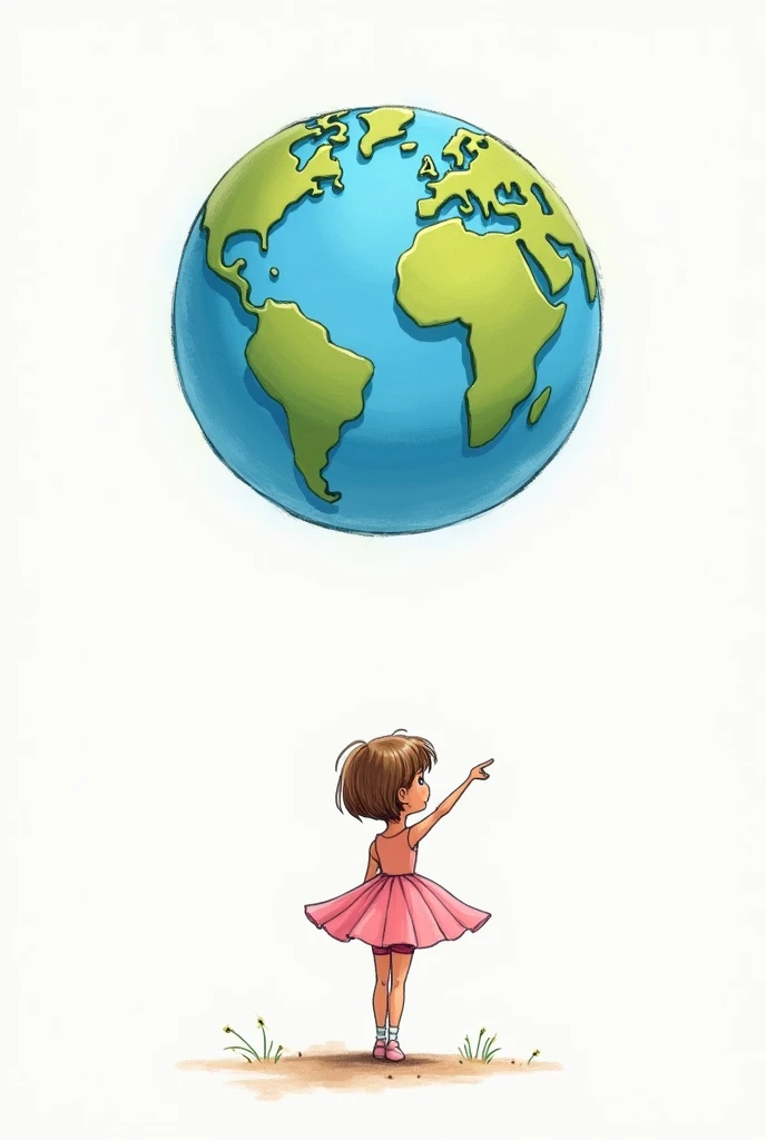 a ballerina pointing to Europe on planet Earth bigger than her big and beautiful and she stands below with her back turned, the most beautiful and biggest planet than her, on the other side the planet is on a white background, the ballerina has short hair that leans towards brown with more blonde and has slightly darker skin, I want it to look like a drawing, a cute and cute child's drawing, more drawn, pink clothes and she a little lighter
