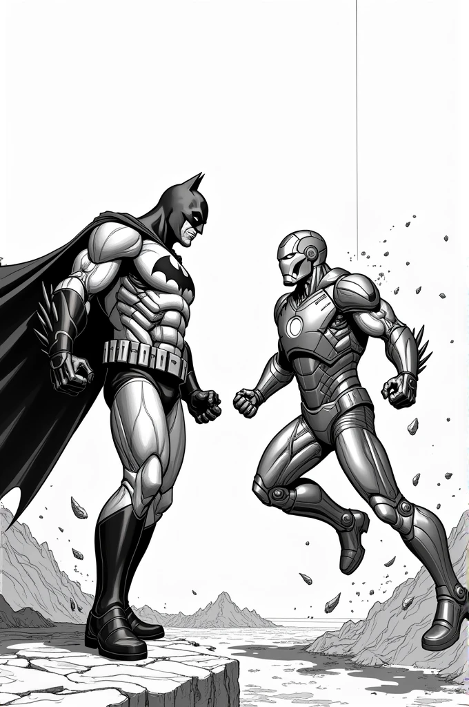 Coloring page, batman e ironman, fighting. Black and white. 2d