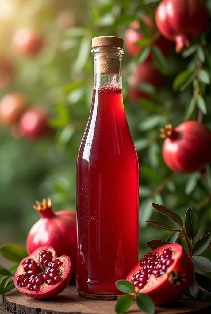 beautiful design with transparent label on 250ml narrow glass bottle for pomegranate sauce.
With the image of a pomegranate garden