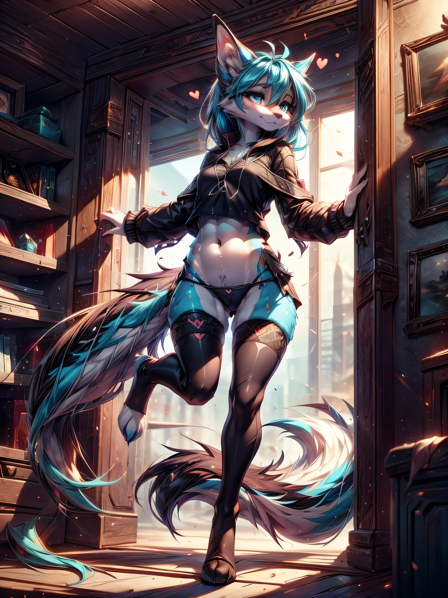 ((beautiful and detailed))) age girl 18 years, (((18 years))) high definition 1:1(((female))) ((the second)) elongated fox snout, Debt, (((blue body)))Ross Tran, by ruan jia, by zaush, por Foxovh, cinematic lighting, seductive, Debt, Vista de whole body,((whole body)) messy hair, ((red&For the blue)), (turquoise tail), detailed blue eyes, submissive pose, view from below, side view,(heart-shaped pupils) ((horny and shy)) detailed, (8k the best quality, masterpiece ) Posing, Very good, beautiful, smalldetailed, shy and seductive posture arching back down so that we can see her, absurd resolution, casual black clothes, (black navel blouse, black jacket, black miniskirt, panties, long socks) Rock style, tight thigh high stockings, body jump