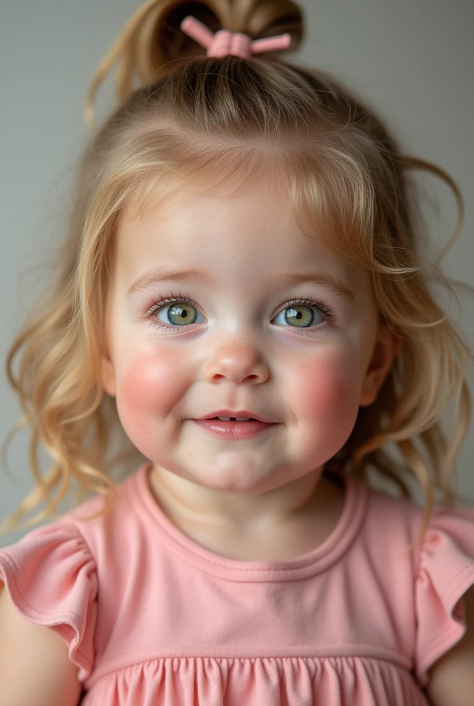 A 12 month old girl with green eyes, long blonde and brown hair, a pink dress and freckles