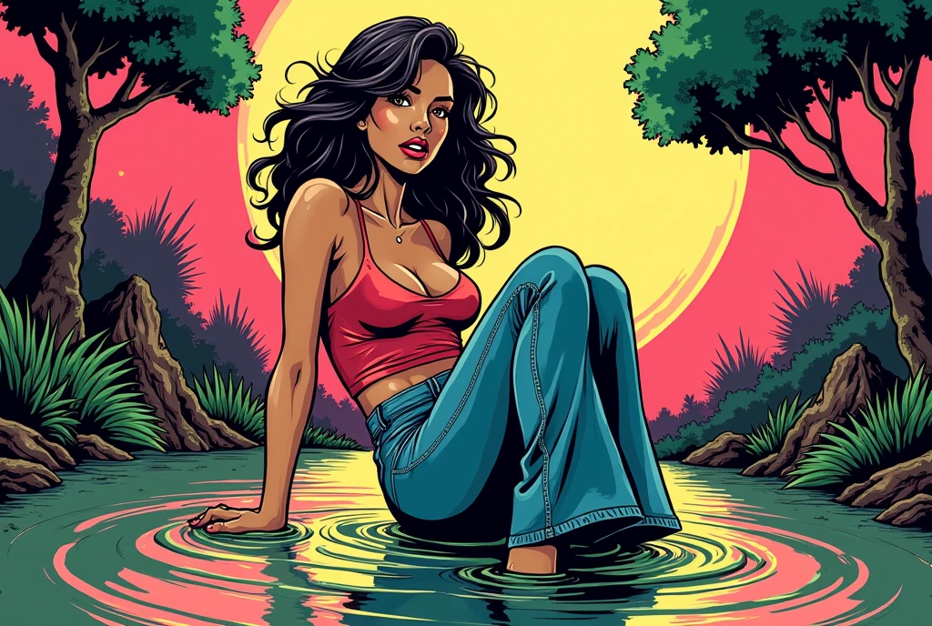 line art, retro comics, diva, soaking wet muddy flared jeans,sinking in bog,colorful retro atmosphere, posing, photoshoot, orgasm