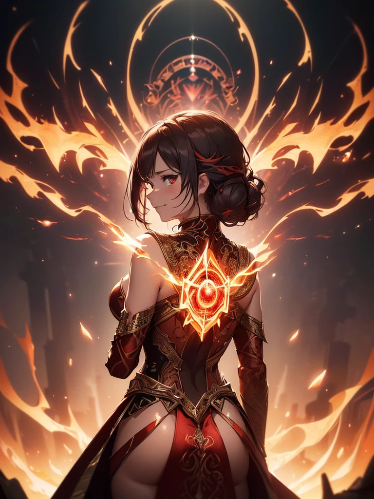 (((best quality, sharp image, clear image, cinematic lighting, 8k resolution, masterpiece, ultra detailed, intricate))) Girl, sorcerer, cute, intricate dress, smiling, fiery red, ((intricate background)), (rune frame), dimension, ((shot from behind)), fire sigils, chaotic background, ((half-body shot))