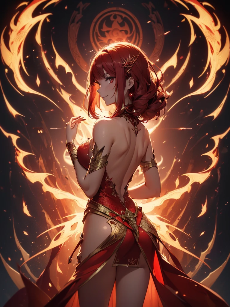(((best quality, sharp image, clear image, cinematic lighting, 8k resolution, masterpiece, ultra detailed, intricate))) Girl, sorcerer, cute, intricate dress, smiling, fiery red, ((intricate background)), (rune frame), dimension, ((shot from behind)), fire sigils, chaotic background, ((half-body shot))