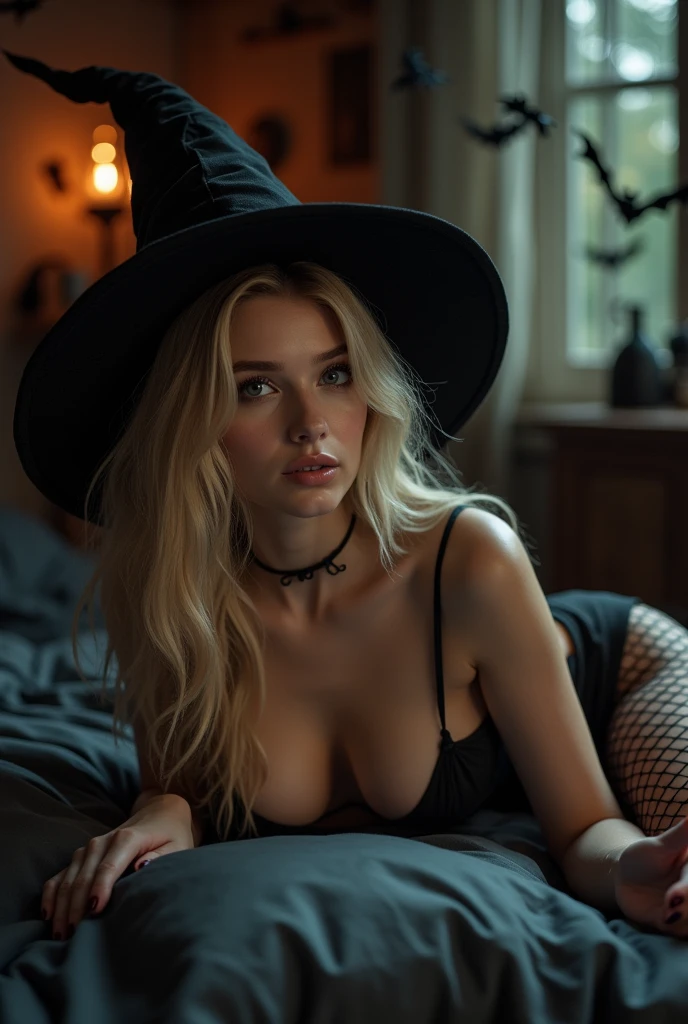 a young nude blonde woman, natural breast, small nipples, shaved pussy, sexy, stockings, witch hat, nude full body photo, black makeup, lying down on a bed in a dark room, seductive smile, photo realistic, very detailed, background with Halloween decorations