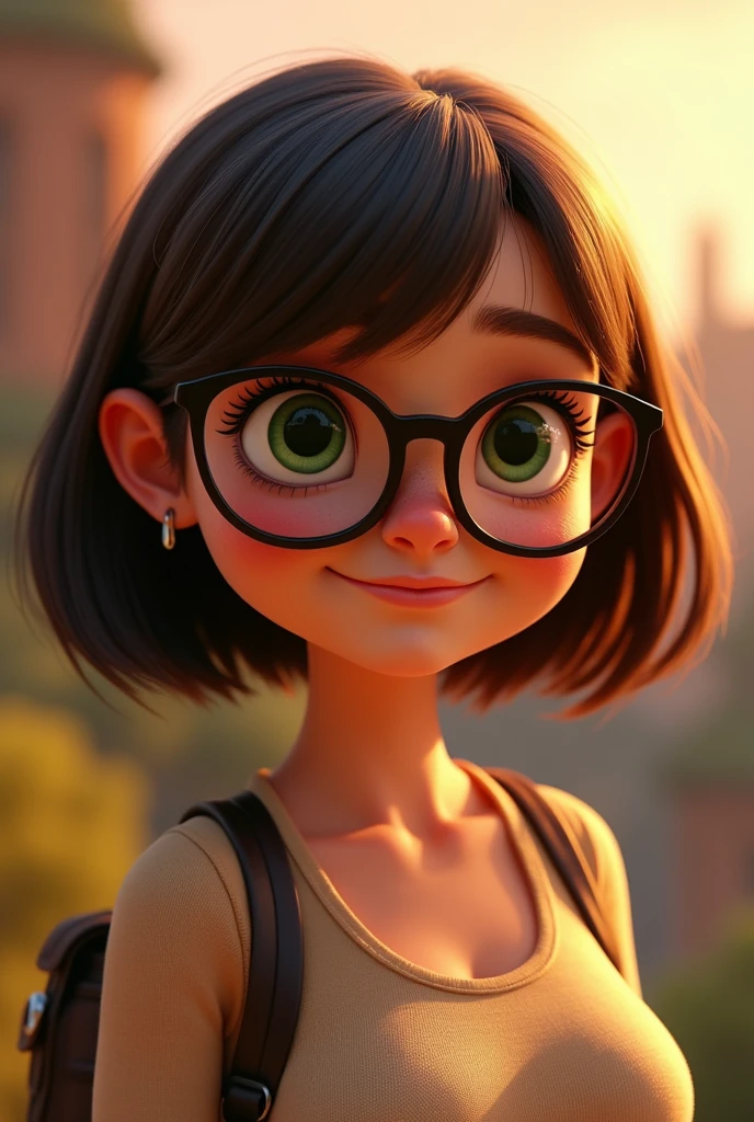 a plump woman, oval face, with big glasses and green eyes , brown bob with bangs that looks a bit cheeky and happy. She dragon rider. In Pixar style
