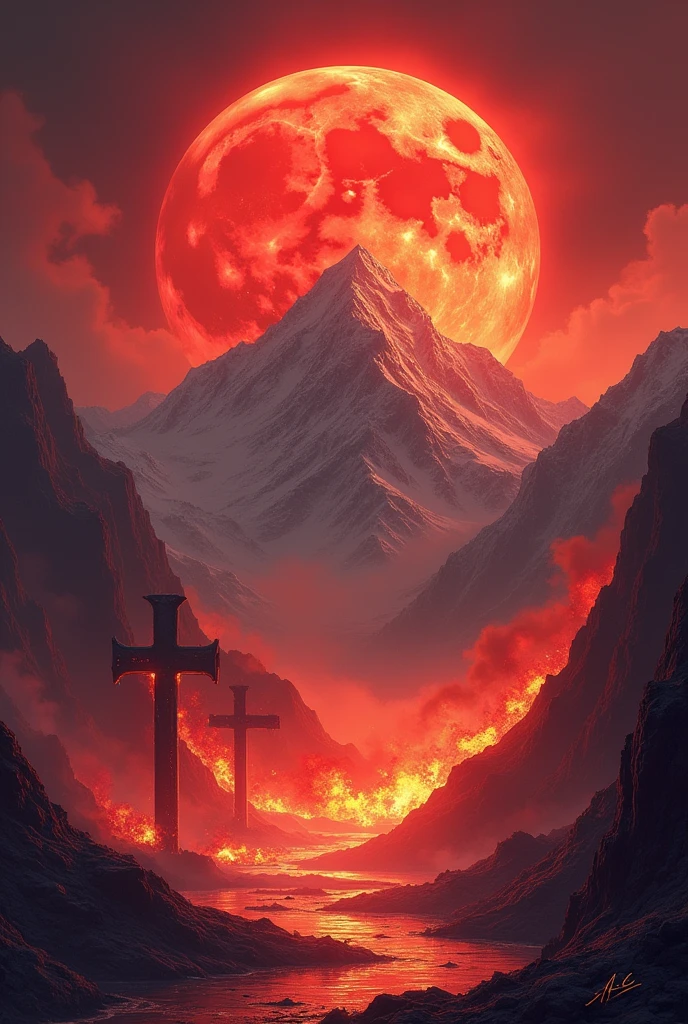 Background with fire around mountains and red sky with a giant blood moon In front of letters written Divine Fury 