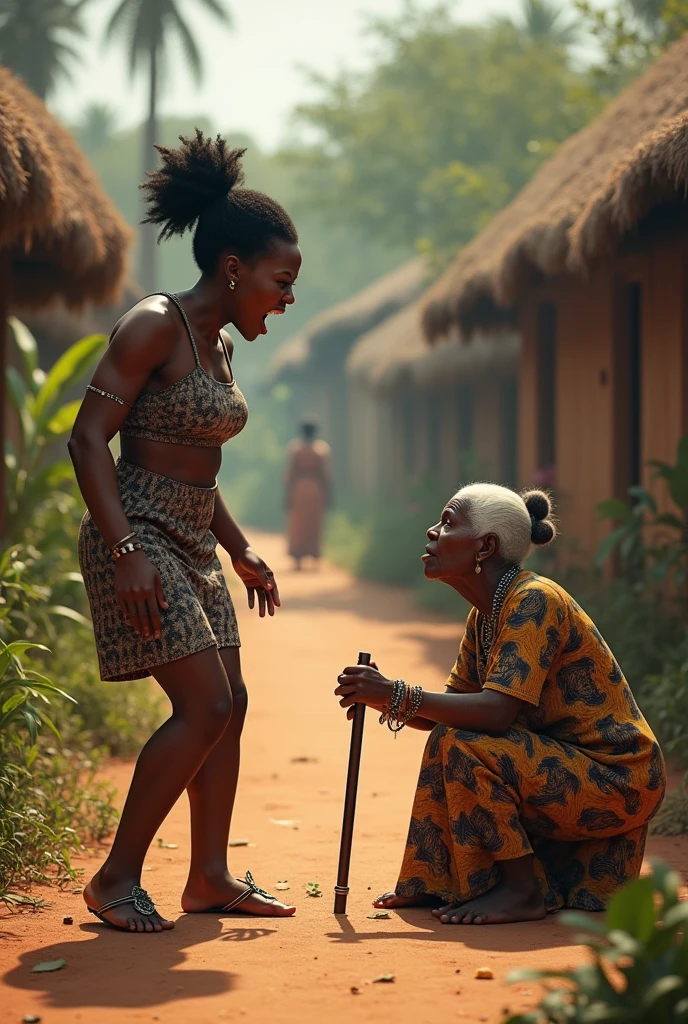 An image of a beautiful African female shouting at an African old woman with bent waist and walking stick and on the floor shouting at the woman in a text "stupid old hag" with an angry expression on her face. realistic 3d image illustration in african village setting
