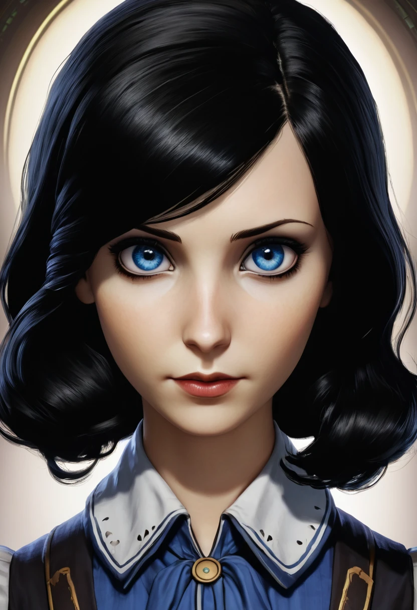 score_9, score_8_up, score_7_up, score_6_up
BioshockBurialElizabeth, 1girl, black hair, blue eyes, looking at viewer, simple background, portrait