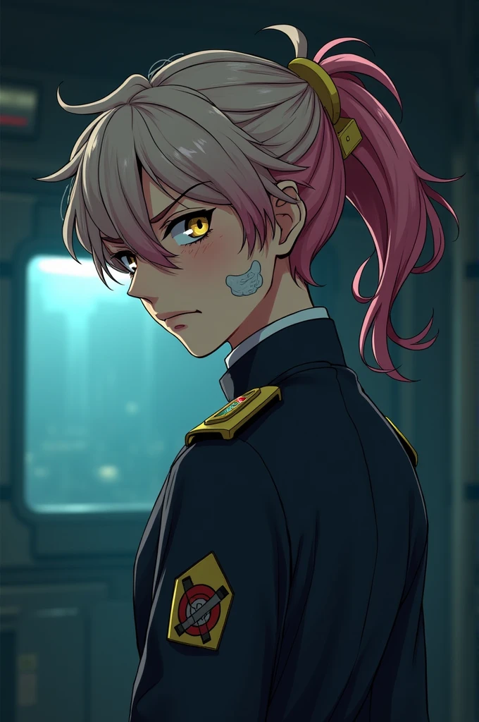 (Barotrauma) Style: 2D anime image with high quality. Character: young guy, fair skin, left side of hair light, right side of hair dark pink. Hair wavy and quite long, hair gathered into a shaggy little ponytail, yellow eyes and wide eyebrows, a bandage on his cheek. Emotion: irritation. Clothing: uniform of a submarine officer from the Barotrauma game universe. Background: Inside a submarine. Details: sloppy appearance, dirty clothes. Angle: far from the character, characters looking over the shoulder. Lighting: only one dim lamp, dim lighting. 