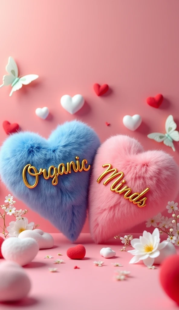 A captivating 3D render illustration captures a romantic and heartwarming scene, where two fluffy, heart-shaped objects take center stage. The deep blue heart bears the name 'Organic' in elegant, golden cursive, while the pristine dark pink heart showcases the name "Minds" in a similar golden script. Surrounding these hearts, butterflies and an assortment of smaller red and white hearts create an atmosphere of love and celebration. Delicate white flowers and a soft pink bac