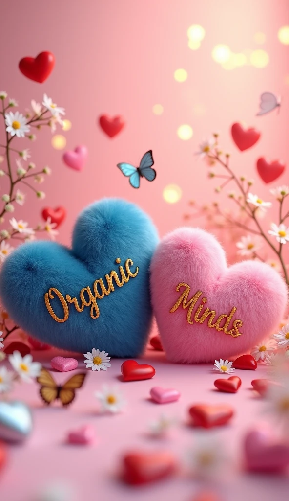 A captivating 3D render illustration captures a romantic and heartwarming scene, where two fluffy, heart-shaped objects take center stage. The deep blue heart bears the name 'Organic' in elegant, golden cursive, while the pristine dark pink heart showcases the name "Minds" in a similar golden script. Surrounding these hearts, butterflies and an assortment of smaller red and white hearts create an atmosphere of love and celebration. Delicate white flowers and a soft pink bac