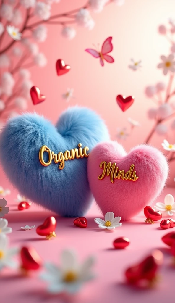 A captivating 3D render illustration captures a romantic and heartwarming scene, where two fluffy, heart-shaped objects take center stage. The deep blue heart bears the name 'Organic' in elegant, golden cursive, while the pristine dark pink heart showcases the name "Minds" in a similar golden script. Surrounding these hearts, butterflies and an assortment of smaller red and white hearts create an atmosphere of love and celebration. Delicate white flowers and a soft pink bac