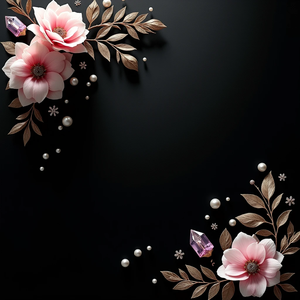 "Create a luxurious background with a deep black, subtle textured surface that radiates sophistication. Position pink and white flowers with beads perals in the upper left corner, and complement them with a cluster of sparkling crystals and similar leaves in the bottom right corner. The scene should be realistically lit, with soft highlights emphasizing the elegance and depth of the black backdrop, perfect for showcasing jewelry."





