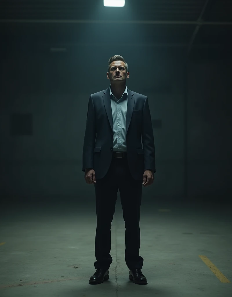an amateur professional wearing a cheap suit. the environment is dark and empty.