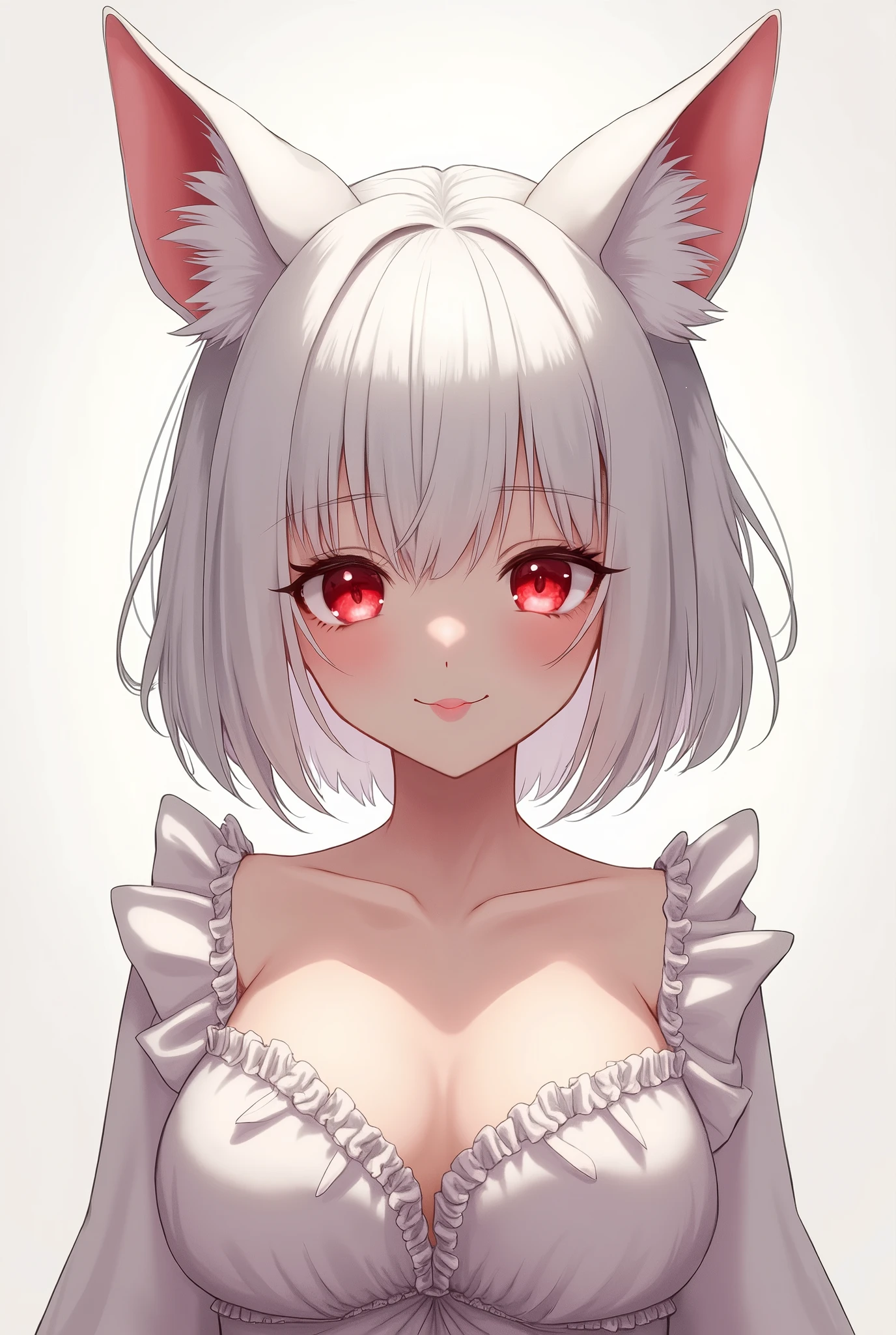 I smile, reddly shy, short hair, Red eyes, Best quality, High accuracy, Great job, precise, High resolution models, White hair, Big breasts, fox ears, 