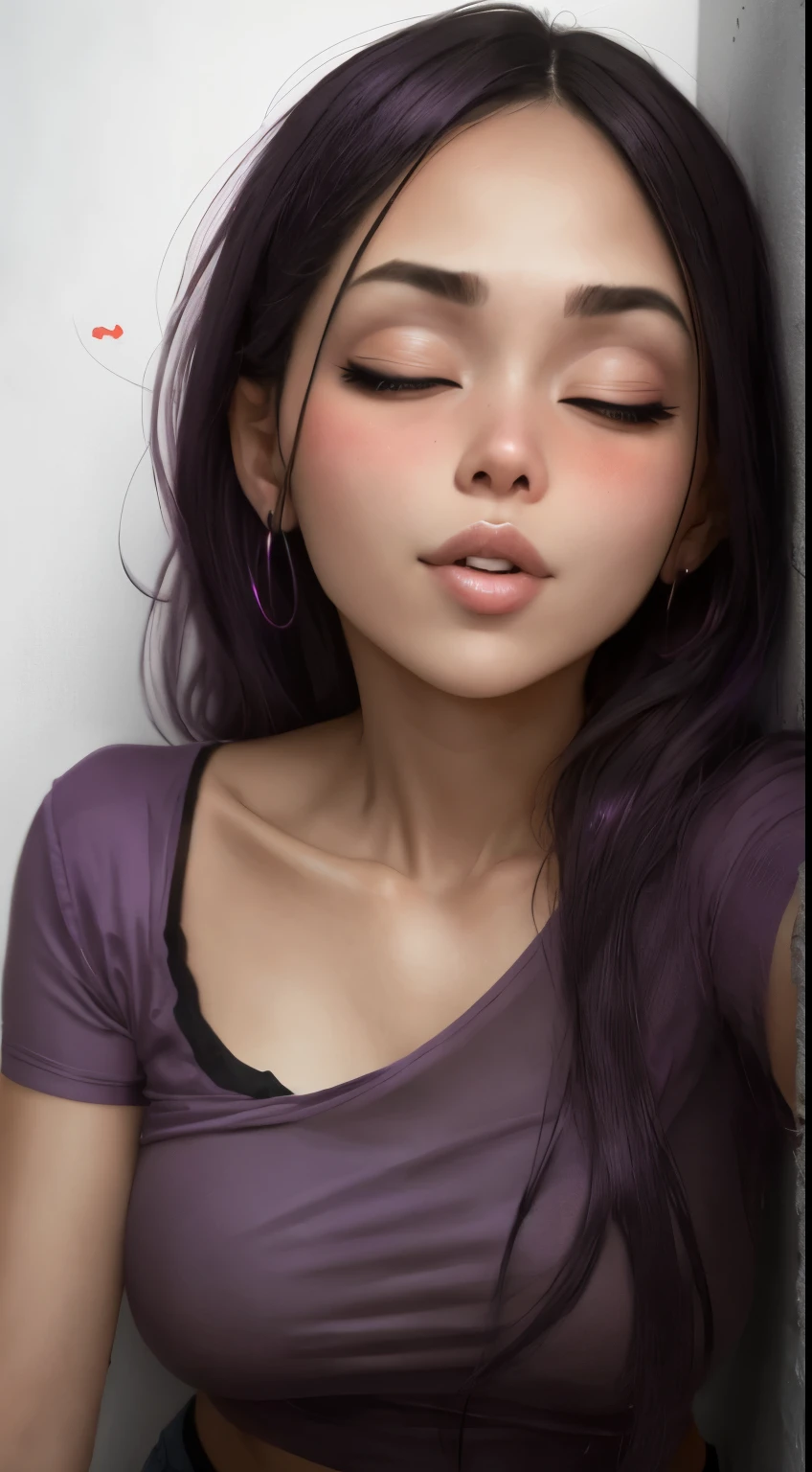 a short sexy woman wearing purple t shirt and black tracks, pinned against the wall, eyes closed, lips parted, blushing intensely, ready to kiss