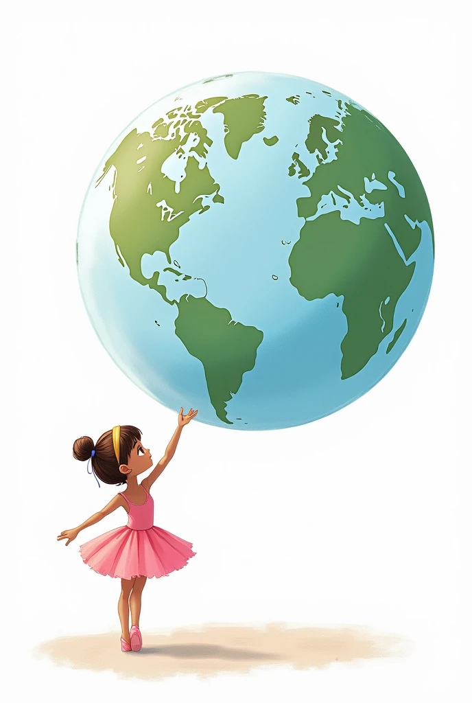 a ballerina pointing to Europe on planet Earth bigger than her big and beautiful and she stands below with her back turned, the most beautiful and biggest planet than her, on the other side the planet is on a white background, the ballerina has short hair that leans towards brown with more blonde and has slightly darker skin, I want it to look like a drawing, a cute and cute child's drawing, more drawn, pink clothes and she a little lighter