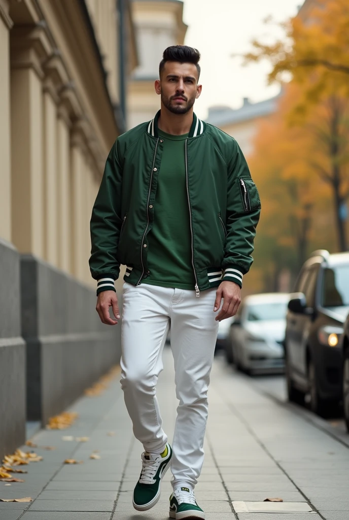 фото full length идущего по городу русского мужчины, Medium height, 35 years, walks along the sidewalk along the wall of the building, black hair, Sports figure, broad shoulders, short hair, a neat stylish hairstyle, wide cheekbones, smart casual look, green t-shirt with white collar, green bomber jacket with white stripes on the collar and white stripes on the cuffs, white chinos, white and green low top sneakers, warm autumn, Early autumn, Sunny weather, walking through the city, looks ahead, Stylish look, Men's fashion, Men's style, thoughtful look, full length, free pose, dynamic pose, solar lighting, against the backdrop of ancient Moscow buildings, daylight, black hair, blunt bangs, Serious, expressionless, atmospheric perspective, bokeh, f/1.8, 85mm, Nikon, depth of field, uhd, masterpiece, accurate, anatomically correct, textured skin, super detail, high details, high quality, highres, 4K