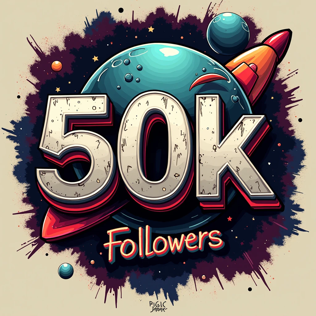 A design graffiti art, (graffiti art, metallic letters, poster saying "50K"). (Another medium tittle "OBRIGADO", "THANK YOU", "GRACIAS"). It features a graffiti art with metallic letters, planet illustration background, rocket. The tittle is in bold, graffiti style typography with a catchy tagline, "Followers". ((small tittle "GUSTAVO YABAI"))
