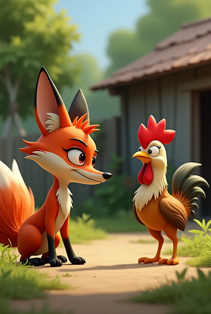 Animated image of a fox with a mischievous look talking to a rooster