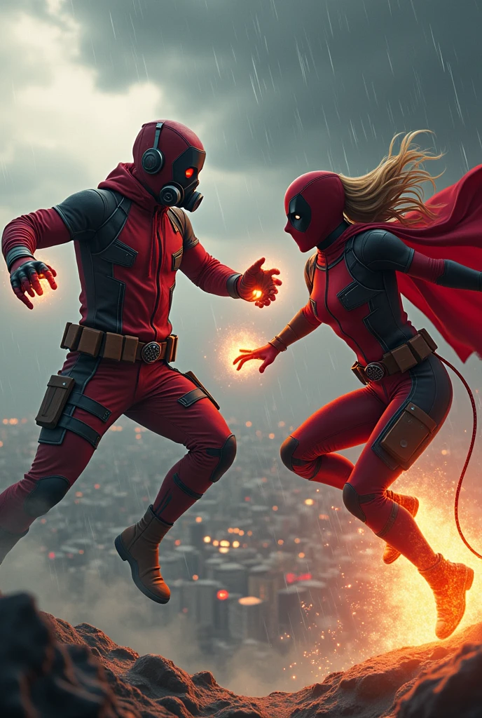 Young Star-lord with red hoodie, headphones, star-lord helmet, gas helmet, covered mouth, round red eyes, Red eyes, magic rings in the hands and rocket boots vs, Lady deadpol, Fighting, power, fiction, full body, magic lasso, hight, fall, fire in boots, poweful spells, realistic, helmet, mask, red cape, confrontation, punch, gun, flying in the sky, view of the city from above, rain, fighting, Black gloves, ocean floor, face cover, free hair, front cover