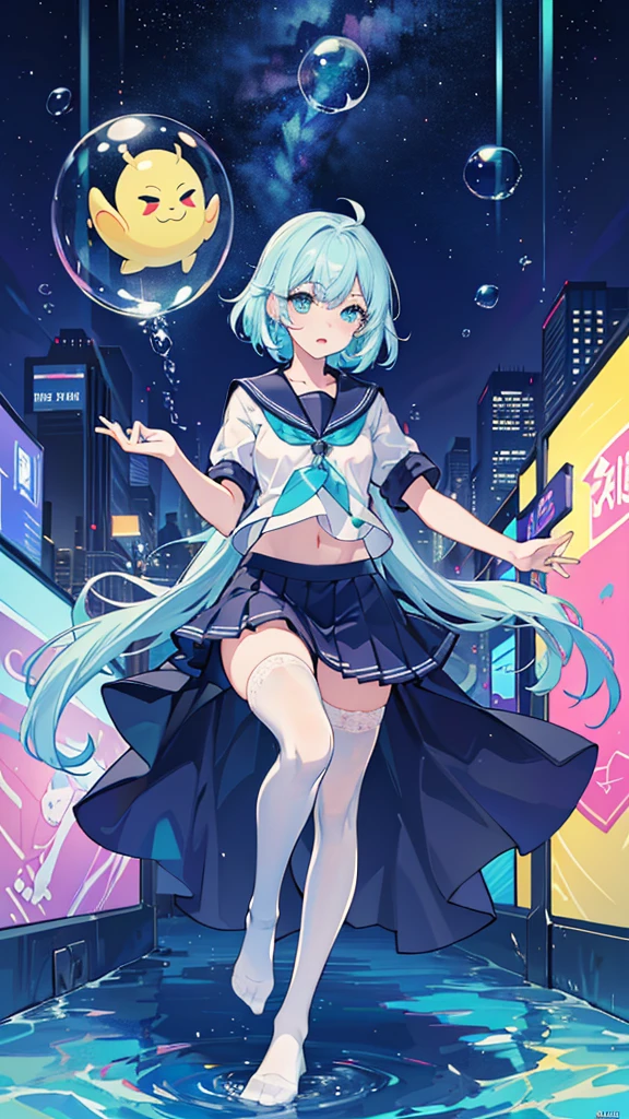 (masterpiece), (best quality), (official art, extremely detailed CG unity 8k wallpaper), (highly detailed), ((absurdres)), 1girl, mid shot, (exquisite facial features),(serafuku:1.3) ((sfw)),((clear hands)), ((white thighhighs without shoes)),aqua eyes, color contact lenses, stars in the eyes, (((colorful bubble))), colourful glass, (album cover)