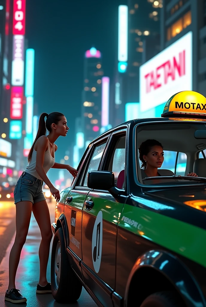 Taxi car with MojeTaxi logo, black car and white with green logo drives through the night city, a girl gets into this car, asks to make the music louder.