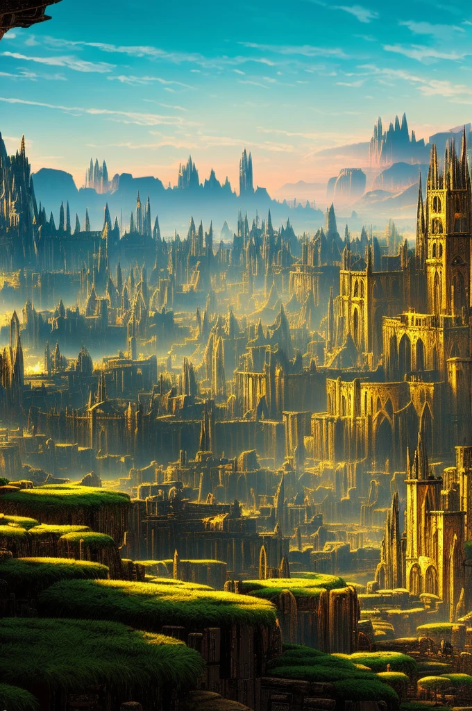 (4k), (high quality), elden ring style landscape, golden hot like colors, castles and ruins 