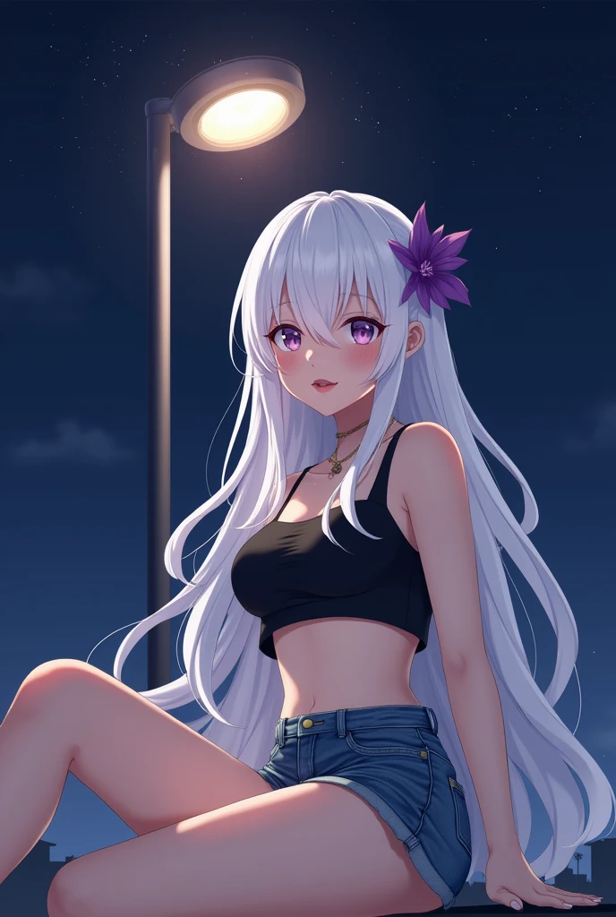 A lone girl sits under a lamppost in the stillness of the night, the glow casting a soft light on her. She has piercing purple eyes and long white hair cascading down her shoulders. Dressed in a denim miniskirt and a black crop top, her bare arms and shoulders reveal a delicate midriff. The girl gazes directly at the viewer, her lips slightly parted with a gentle blush on her cheeks. A single purple flower adorns her hair, adding a touch of elegance to the scene. The night sky above is clear, accentuating the tranquil setting. The artist captures her in a turtleneck, showcasing a mix of casual and chic style, with intricate details such as the folds of her clothing and the play of light on her features.