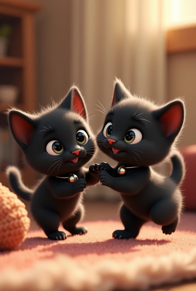 An animation of two little black kittens, with grey eyes and a bell collar 