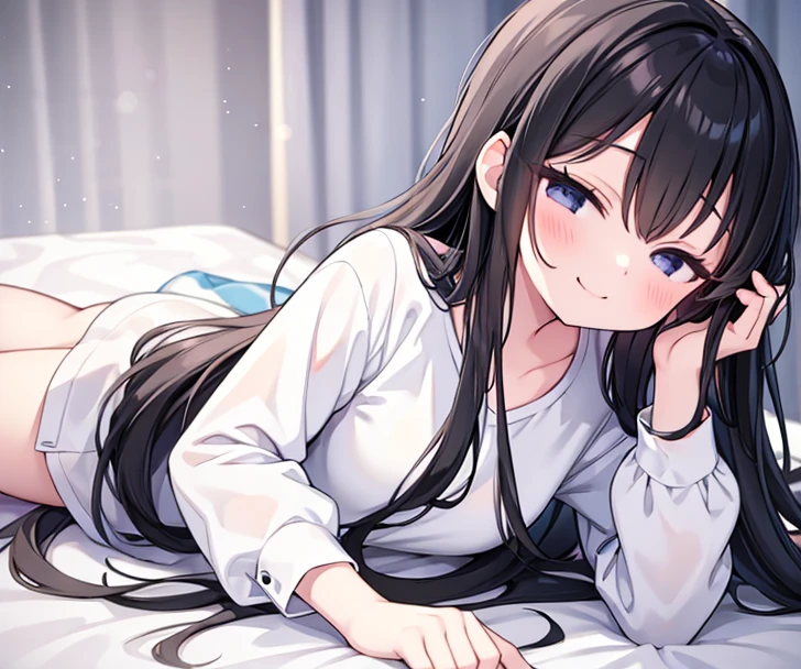 One girl, masterpiece, Long Hair, Black Hair, smile, Close your mouth, bed,Lie down next to,Boyfriend Shirt,Moe sleeves,black eye,Half-closed eyes, Dimmed lighting