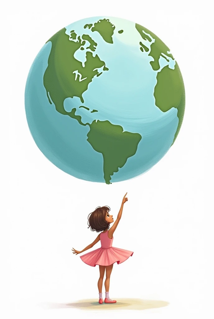 a ballerina pointing to Europe on planet Earth bigger than her big and beautiful and she stands below with her back turned, the most beautiful and biggest planet than her, on the other side the planet is on a white background, the ballerina has short hair that leans towards brown with more blonde and has slightly darker skin, I want it to look like a drawing, a cute and cute child's drawing, more drawn, pink clothes and she a little lighter