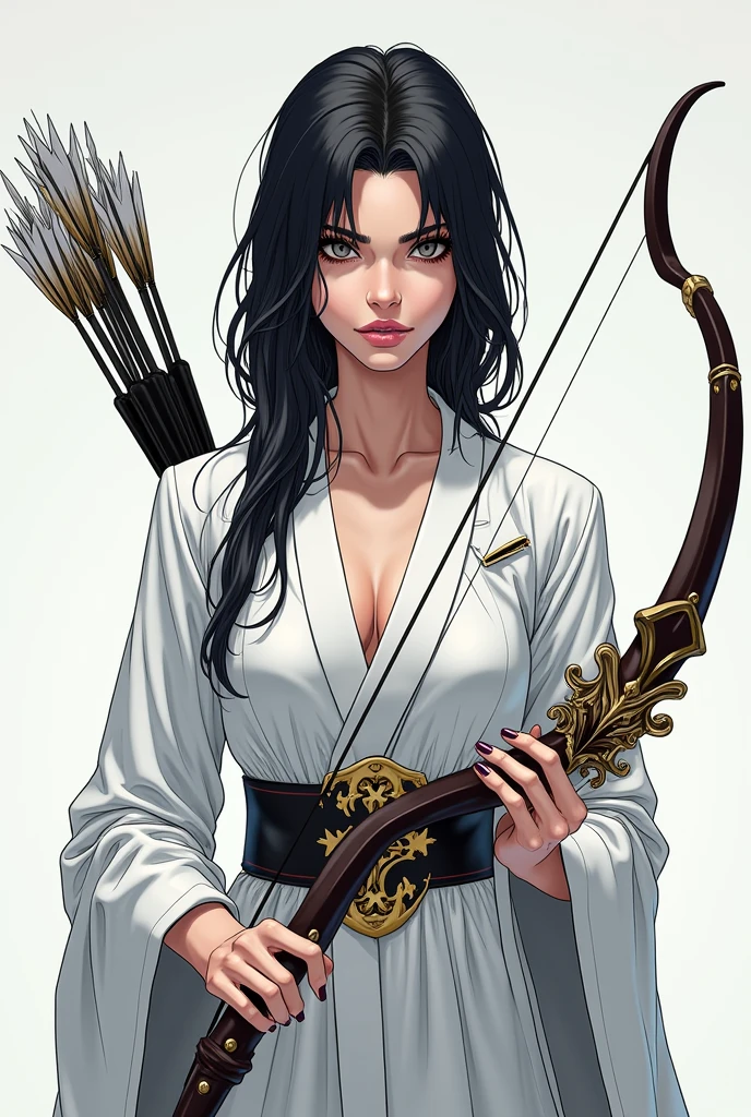 “Sara Sampaio as a Quincy from Bleach, wearing traditional Quincy attire with intricate details. She has a nihilistic expression on her face, capturing the essence of detachment and darkness. The Quincy outfit should include the signature white uniform and a bow with arrows. The image should be highly detailed and styled in anime art.