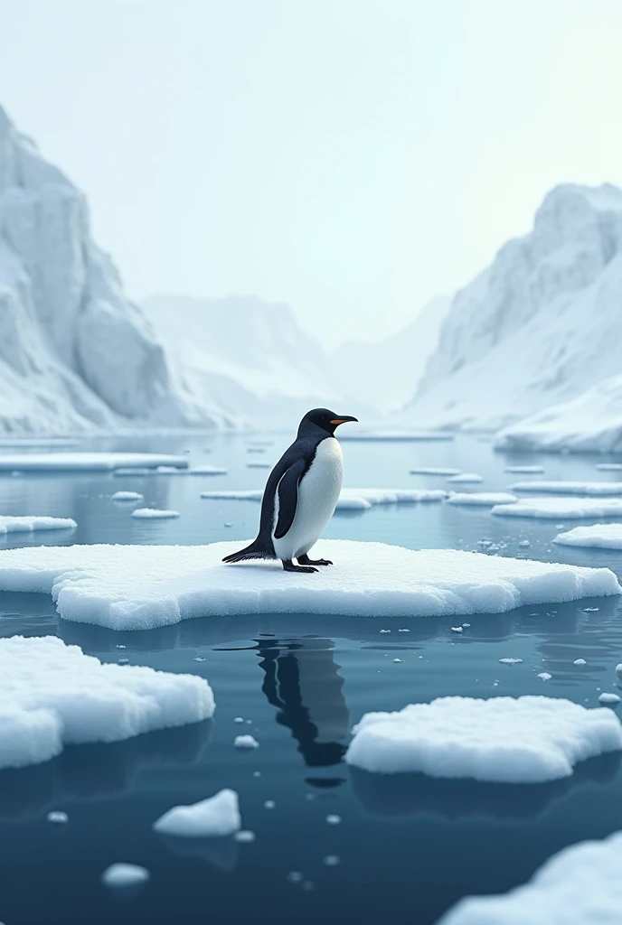 Un pingouin sur la banquise regarde passer la glace qui flotte dans l'eau , vue de face