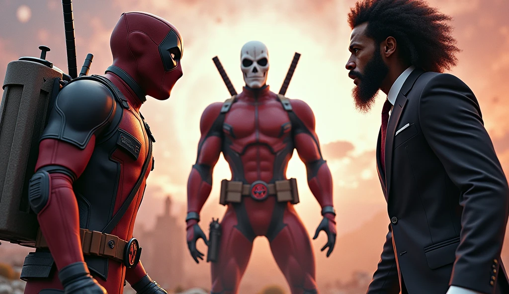 An Astronaut guy with 1 Deadpool guy and 1 Slenderman with suit together vs 1 black man with beard and curly hair