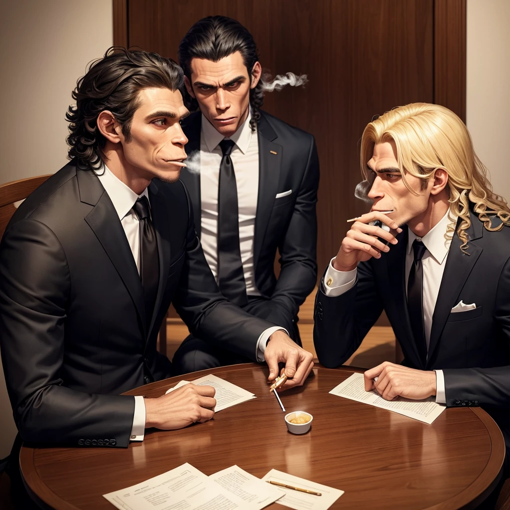 2 chimpanzees sitting around a table doing business in suits, one has long curly blonde hair and one short black hair, smoking cigarettes