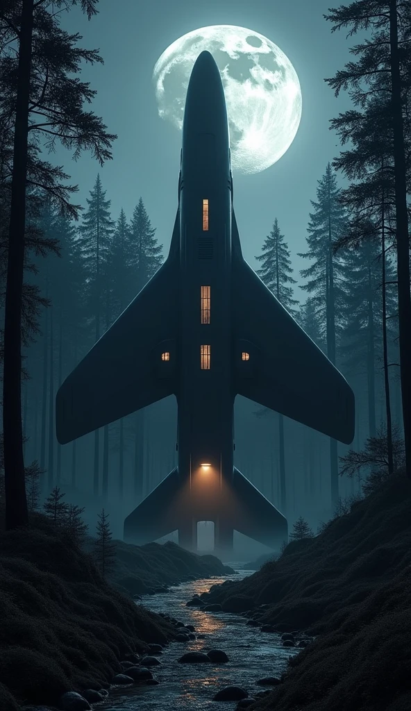 Big black color aeroplane shaped mansion in the middle of the forest at night
