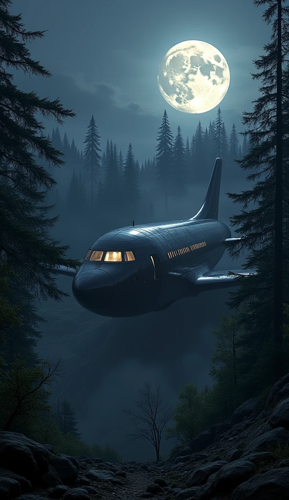 Big black color aeroplane shaped mansion in the middle of the forest at night