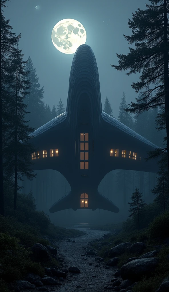 Big black color aeroplane shaped mansion in the middle of the forest at night