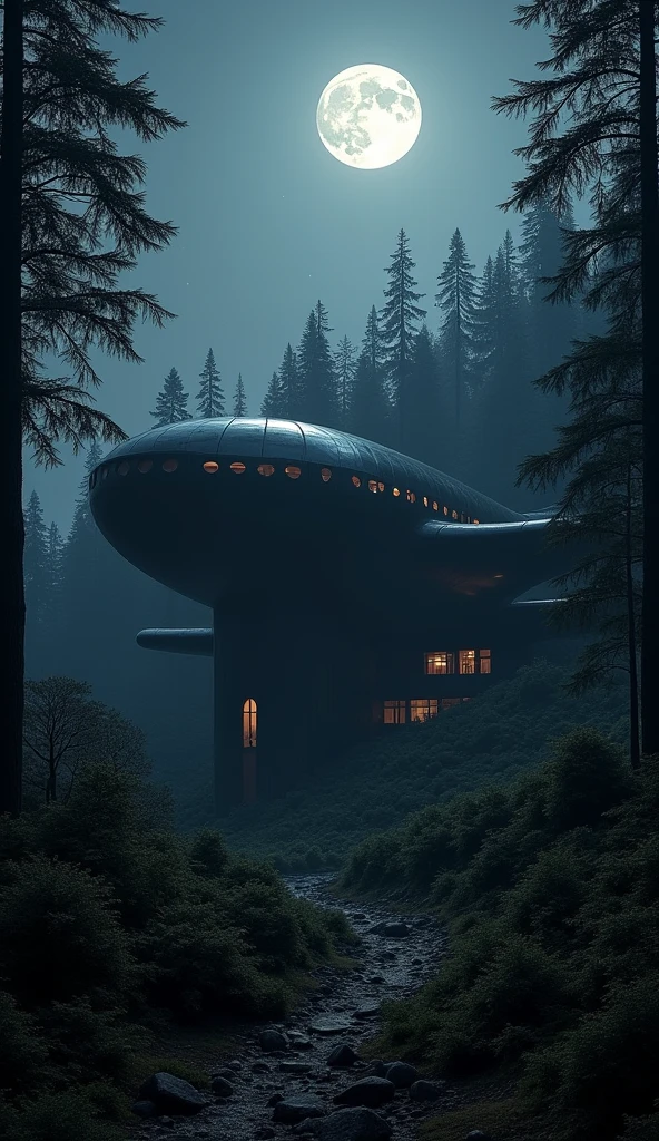 Big black color aeroplane shaped mansion in the middle of the forest at night 

