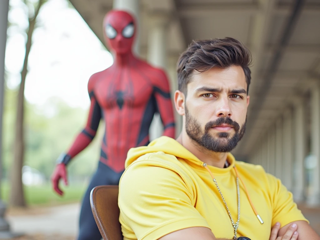 attractive 30 year old man, spiderman suit, miles morales, dick out, Belle barbe , Executive Sexy Man, Terno donc, Front camera focus, mode portrait, perfectly straight in front of the camera