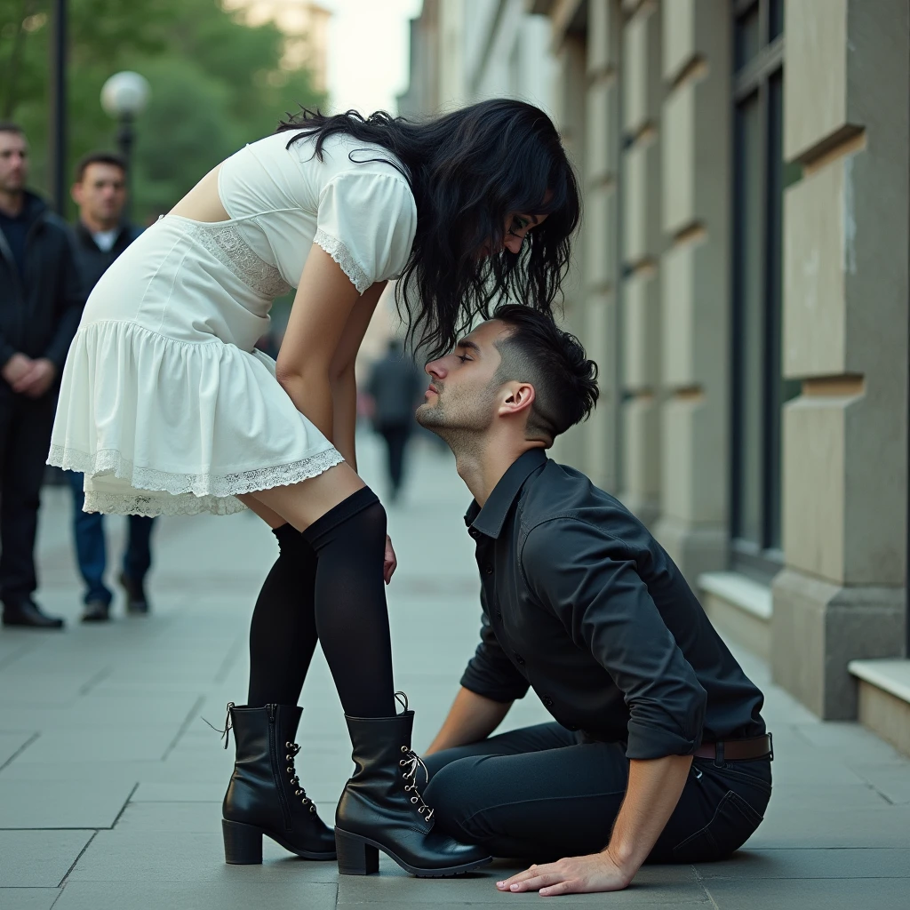 A man crawling on the ground, a gothic white woman standing, wearing a white dress, with black wavy hair, green eyes, black thigh high socks, combat boots. The man has his head down on the floor, the man is kissing her boots.He is kissing her boots, his face is on her boots. In a public sidewalk, hyperrealism