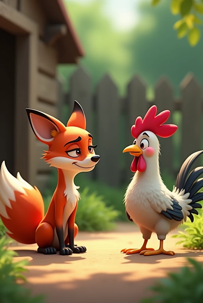 Animated image of a fox with a mischievous look talking to a rooster