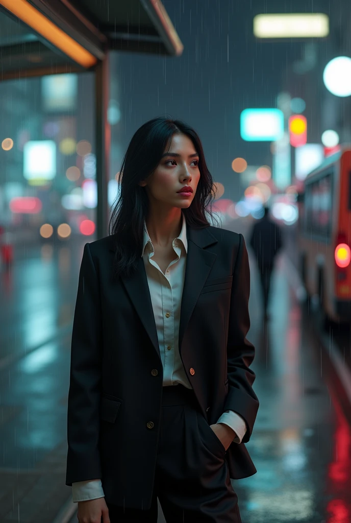 (masterpiece), (extremely intricate:1.3), (realistic), A hot looking girl, the most prettiest in the world, (casual suit), sleek black hair, standing on a realistic bus stop, modern city lights, raining, professional photograph of a stunning girl detailed, sharp focus, realistic lighting, octane render unreal engine, volumetrics dtx, (film grain, bokeh, depth of field, night-time, motion blur:1.3)