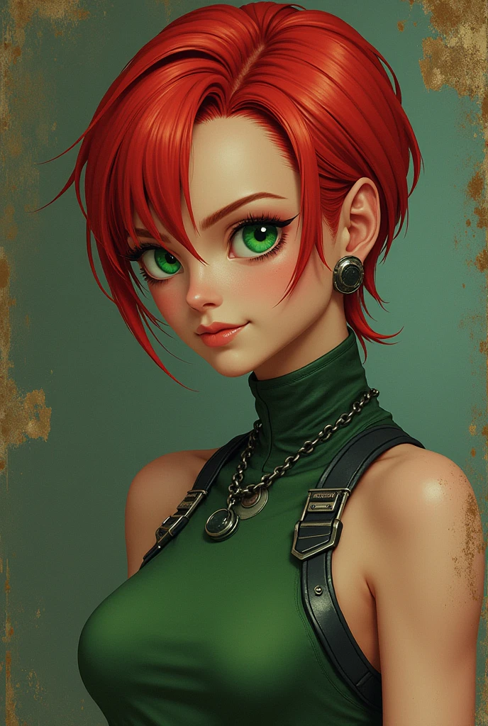 Android 18 from dragon ball z but with green eyes and red short hair vintage style 